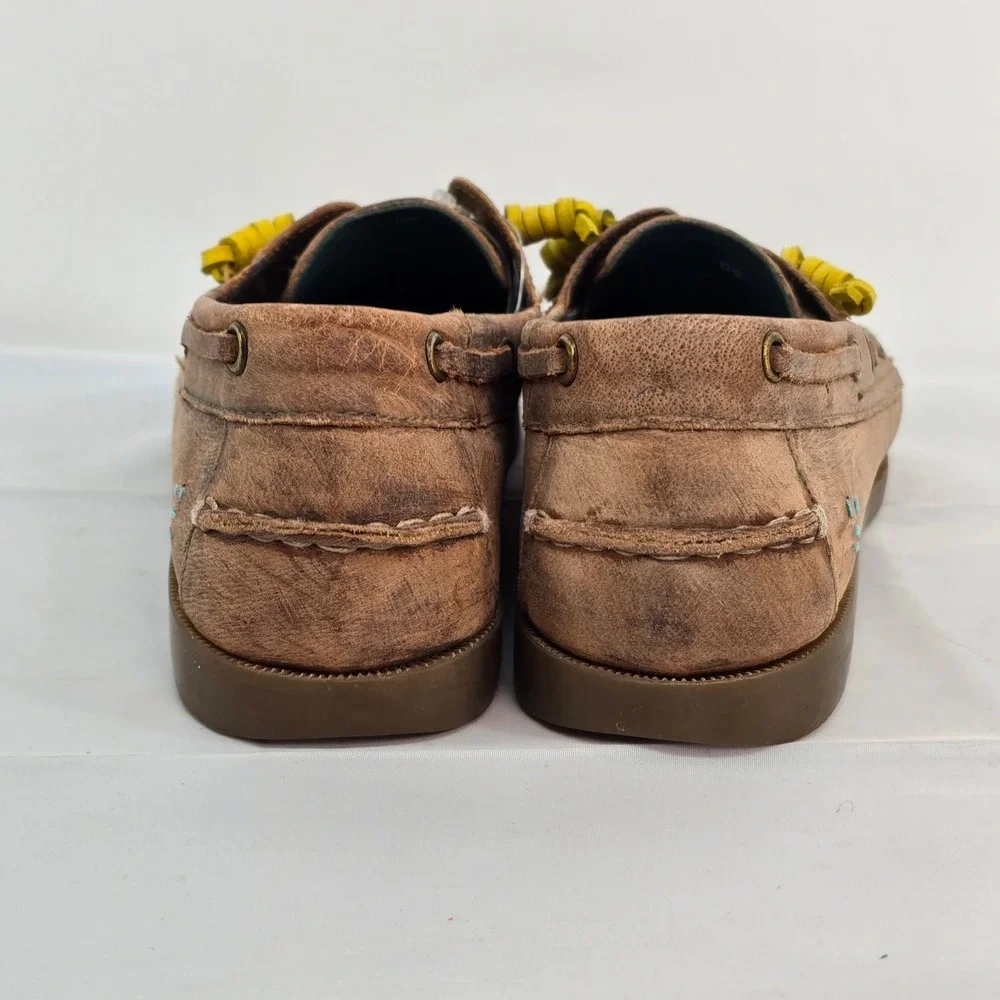 ROAN Women’s Brown Leather Boat Shoes with Yellow Laces